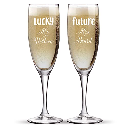 Engraved Set of 2 Glasses, Future Mrs and Lucky Mr. engraved Customized Wedding Toast, Champagne Flute Set, Wedding Toasting Glasses - color: Wedding-14, style: Only Glasses