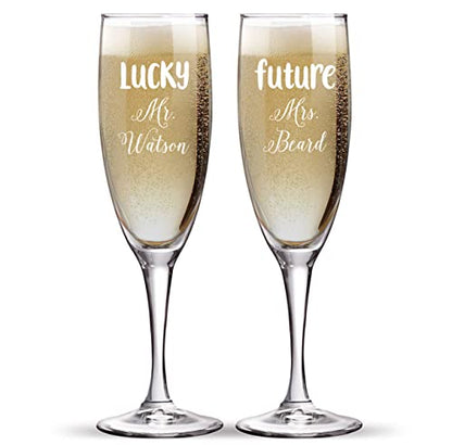 Engraved Set of 2 Glasses, Future Mrs and Lucky Mr. engraved Customized Wedding Toast, Champagne Flute Set, Wedding Toasting Glasses - color: Wedding-14, style: Only Glasses