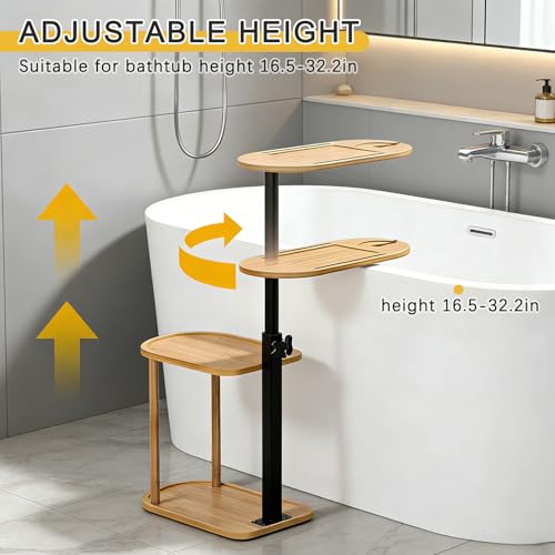3-Tier Freestanding Bathtub Tray Table, Bamboo Swivel Bathtub Side Table with Height Adjustable Design, Standing Bath Tray for Tub Against Wall, Bathroom Organizer for Luxury Home Spa (Natural) - color: Natural