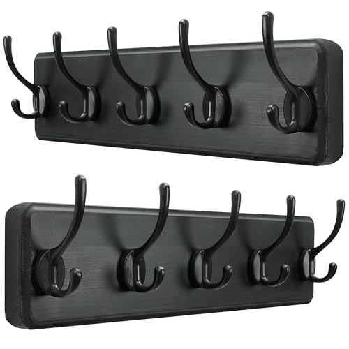 SKOLOO Rustic Wall Mounted Coat Rack, Case of 2, Pine Solid Wood Coat Hook Hanger - 5 Hooks for Hanging Clothes Robes Towels Coats - color: Black Plate & Black Hook, size: 2 Item-5 Hooks