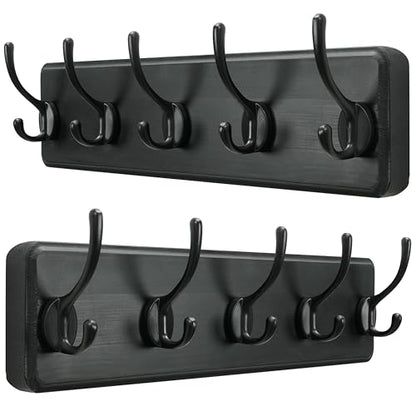 SKOLOO Rustic Wall Mounted Coat Rack, Case of 2, Pine Solid Wood Coat Hook Hanger - 5 Hooks for Hanging Clothes Robes Towels Coats - color: Black Plate & Black Hook, size: 2 Item-5 Hooks