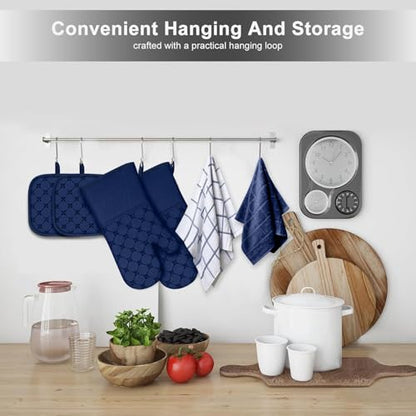 Oven Mitts Kitchen Towels Dishcloths with Pot Holders Sets 12PCS,Dish Towels Sets,Oven Gloves Pot Pads Heat Resistant 500 Degrees with Non-Slip Silicone Surface for Cooking Baking Grilling-Marine Blue - color: Marine Blue