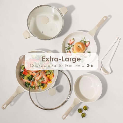 SENSARTE Nonstick Ceramic Cookware Set Large-Size 13-Piece, Healthy Pots and Pans Set, Non-toxic Kitchen Cooking Set with Stay-Cool Handles, PFAS and PFOA Free, Cream White - color: Antique White