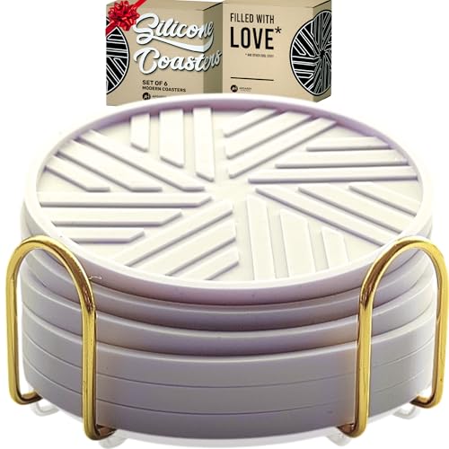 Silicone Drinks Coasters Set of 6 - with Smart, Modern Groove Patterns & Gold Holder Protecs Your cofee Table from Condensation Cups, muggs Home, Office, bar Decor - Lavander White - color: Lavander White