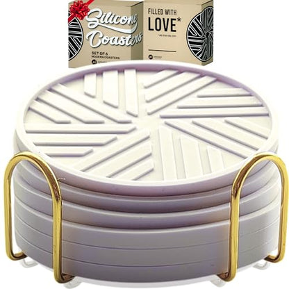 Silicone Drinks Coasters Set of 6 - with Smart, Modern Groove Patterns & Gold Holder Protecs Your cofee Table from Condensation Cups, muggs Home, Office, bar Decor - Lavander White - color: Lavander White