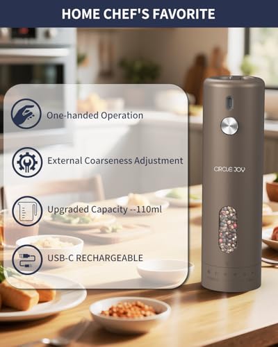 CIRCLE JOY Rechargeable Electric Salt and Pepper Grinder Set with Base, Automatic Pepper Mills with 110ml Container, External Adjustable Coarseness, White Led Light and One-Handed Operation, Brown - color: Brown