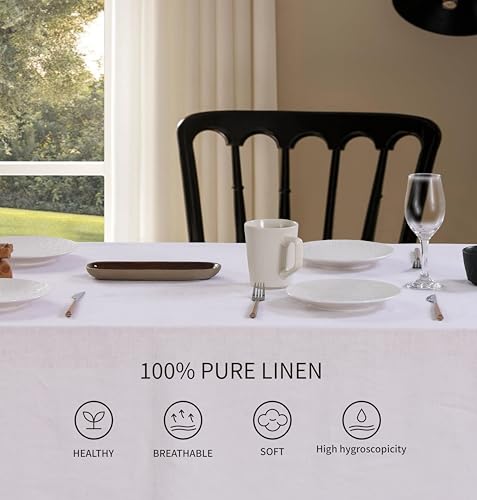 100% Pure Linen Scalloped Embroidery Rectangle Tablecloths 84Lx60W Inch for Dinners, Parties, Spring, Easter, Machine Washable, 6-8 Sets, 60''x84'', White(Edges-Gold) - color: White(edges-gold), size: 84" x 60" (Rectangular)