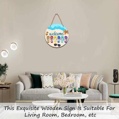 Summer Welcome Sign, Round Wooden Wall Sign, 10x10 inches, Beach Theme, Flip Flop Decor, Rope Mount - color: Flip Flop