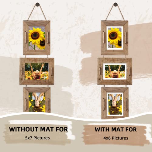 5x7 Collage Picture Frames, 3 Opening, Solid Wood, Brown, 2 Pack | Wall-Mounted Hanging Design, Displays 4x6 Photos with Mat or 5x7 Photos Without Mat, Three-Opening Layout - color: Brown