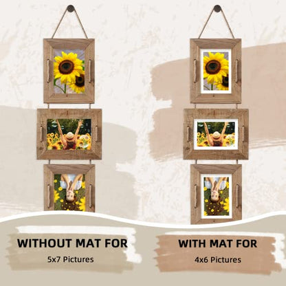 5x7 Collage Picture Frames, 3 Opening, Solid Wood, Brown, 2 Pack | Wall-Mounted Hanging Design, Displays 4x6 Photos with Mat or 5x7 Photos Without Mat, Three-Opening Layout - color: Brown