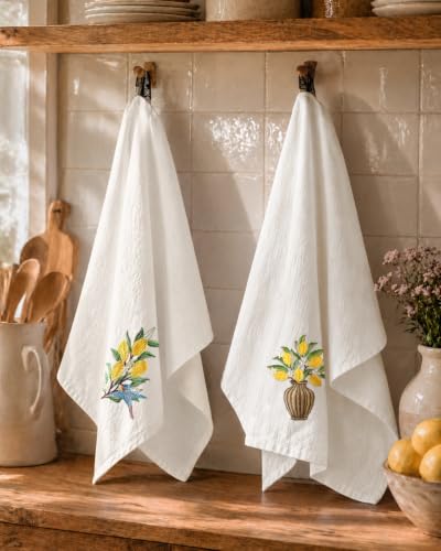 Embroidered Flour Sack Kitchen Towels, Lemon Branch | Exquisite Embroidery, Pure Cotton, Lightweight, Nostalgic Design, with Hanging Loop, Softer After Wash, Machine Washable - color: Lemon Branch