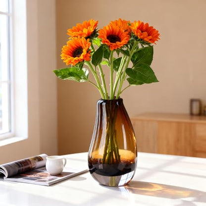 Amber Glass Vase, Hand Blown Brown Glass Vase 8.5in, Amber Flower Vase for Pampas Grass & Fresh Flowers, Brown Vases for Centerpieces, Modern Flower Vases Home Decor