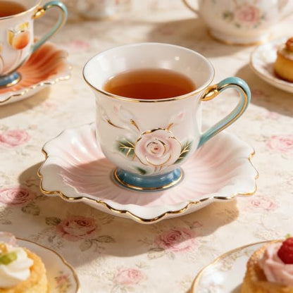 KAMMAK Tea Cups and Saucers Set of 2, Porcelain Coffee Cups, NX013 | Gold Rim, Stackable Espresso Mugs, Ceramic Demitasse for Coffee, Latte, Americano, Afternoon Tea, Elegant Gift for Women - size: 8CZNX013+14