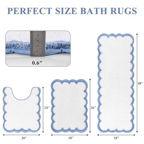 Pauwer Bathroom Rug Sets 3 Piece, Scalloped Bath Rugs, White and Blue | Non Slip Washable Bath Mat With U-Shaped Toilet Rug, Extra Absorbent Quick Dry, For Floor Sink - color: White and Blue