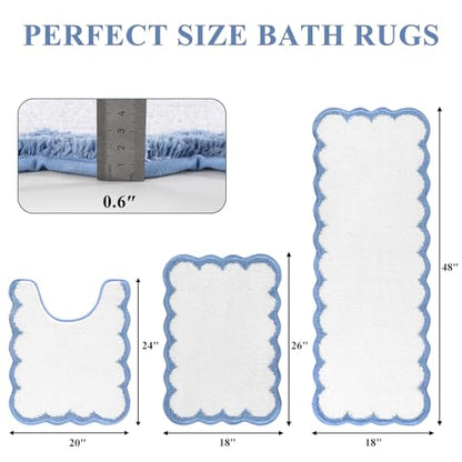 Pauwer Bathroom Rug Sets 3 Piece, Scalloped Bath Rugs, White and Blue | Non Slip Washable Bath Mat With U-Shaped Toilet Rug, Extra Absorbent Quick Dry, For Floor Sink - color: White and Blue