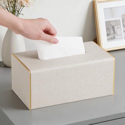 Linen Tissue Box Cover Rectangle with Magnetic Closure, Large | 4 Different Sizes, PU Leather Tissue Box Cover, Decorative Rectangular Tissue Holder for Bathroom Nightstand Car Office - size: Large – Fits Tissue Boxes Up to 3.9" Tall