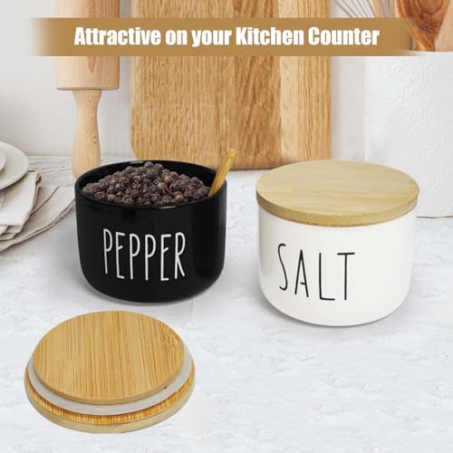 Farmhouse Salt And Pepper Containers,12 oz Salt Containers For Countertop,Stacked Ceramic Cellar With Bamboo Lid, Spice Box With Spoon,Seasoning Holder with lid,Ceramic Bowls (B&W)