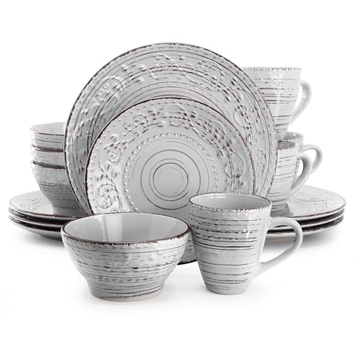 Elama Malibu Calcite 16-Piece Stoneware Embossed Pattern Reactive Glaze Light Gray Dinnerware Set, Tableware, Serveware Set (Calcite Gray) - color: Calcite Gray