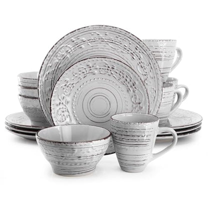 Elama Malibu Calcite 16-Piece Stoneware Embossed Pattern Reactive Glaze Light Gray Dinnerware Set, Tableware, Serveware Set (Calcite Gray) - color: Calcite Gray