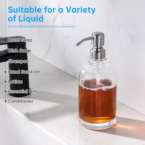 Glass Soap Dispenser Clear with Brushed Nickel Pump, 16.9 OZ Liquid Soap Dispenser Cylindrical with Stainless Steel Pump for Dish Hand Soap Bathroom Kitchen Vanity Countertop - color: Brushed Nickel, size: 16.9 oz