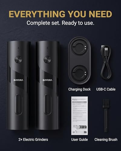 Rechargeable Electric Salt & Pepper Grinder Set, Charging Base, 2-Pk | Adjustable coarseness, large capacity, LED grind light, ceramic core, no batteries needed. Great kitchen gift.