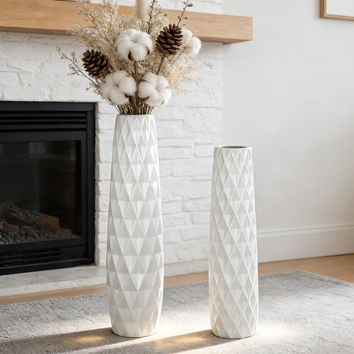 White Tall Ceramic Floor Vase, 24 Inch, Textured Design | Glossy Glazed Finish, Living Room, Fireplace, Entryway, Pampas Grass - color: Shape 2, size: 24 Inch