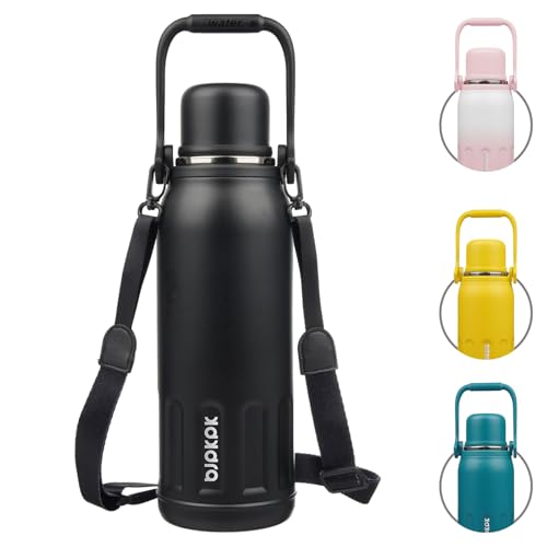 BJPKPK Stainless Steel Insulated Bottle with Handle & Strap, 50oz | Leak-proof vacuum insulation keeps drinks cold/hot for hours. BPA-free, dishwasher safe. Includes handle & strap. Black. - color: Black, size: 50 Ounces
