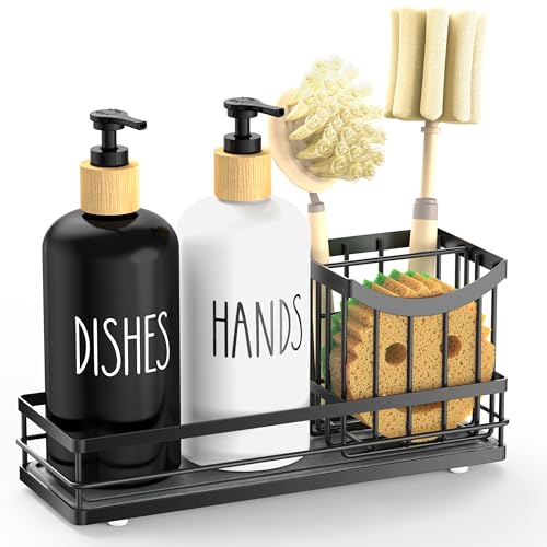 Moforoco Kitchen Dish Soap Dispenser Set, 16OZ Glass Bottle, Hand and Dish Soap Dispenser Set, Instant Dry Tray, Brush Holder with Smiley Face Sponge Holder (Universal Black Tray+Black&White Bottle) - color: Universal Black Tray+black&white Bottle