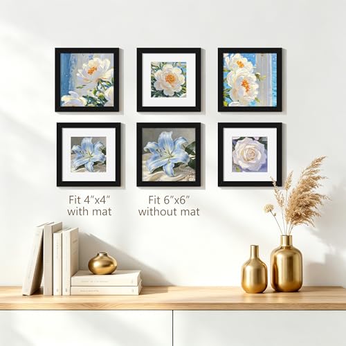 6x6 Picture Frame Sef of 10, Square Photo Frame Collage, Black | Display Pictures 4x4 with Mat or 6 x 6 without Mat, Hanging or Tabletop Display, for Wall Gallery Decor