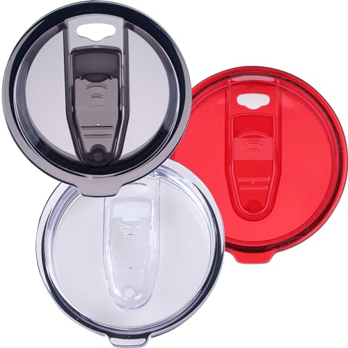 3 Replacement Lids for Stainless Steel Tumbler Travel Cup, Leak and Spill resistant Lid for 30 OZ Rambler or Others of Insulated Mugs With an Inside Diameter of 3.7-3.74 Inches - color: 30OZ Seal (Transparent + Red + Black)