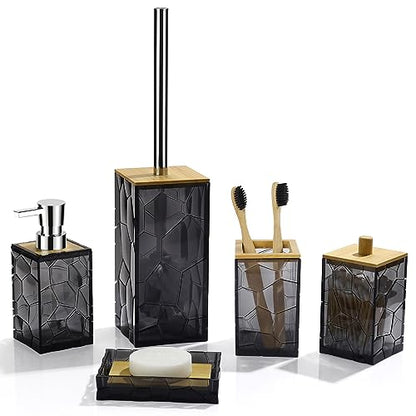 GAHEFY Black Grey Bathroom Accessories Set, Toothbrush Holder, Soap Dispenser, Cotton Swabs Holder, Soap Dish, Toilet Brush with Holder, Black Bamboo Bathroom Decor,Acrylic - style: Black grey