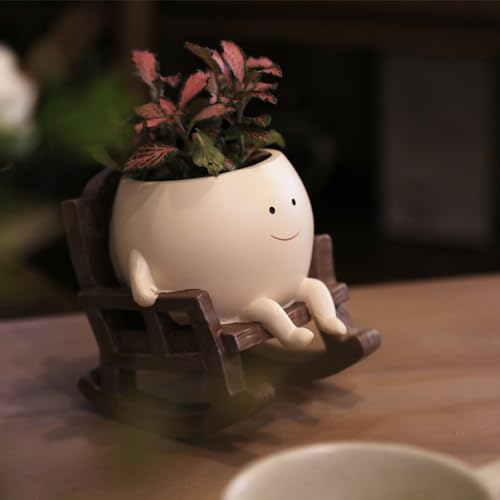 Smily Face Planter Pot Cute Resin Flower Head Planters for Indoor Outdoor Unique Sit Rocking Chair Succulent Pots Gift IdeaI for Mother and Appreciation Christmas with Drainage Hole - size: Small