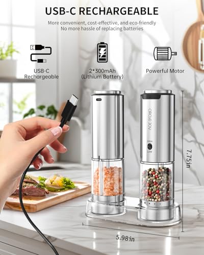 CIRCLE JOY Electric Salt and Pepper Grinder Set Stainless Steel Rechargeable Salt and Pepper Grinder Set, Variable Grinding Speed, External Adjustable Coarseness, Storage Base, White LED Light, Silver - color: 2-Speed Rechargeable Set with Base