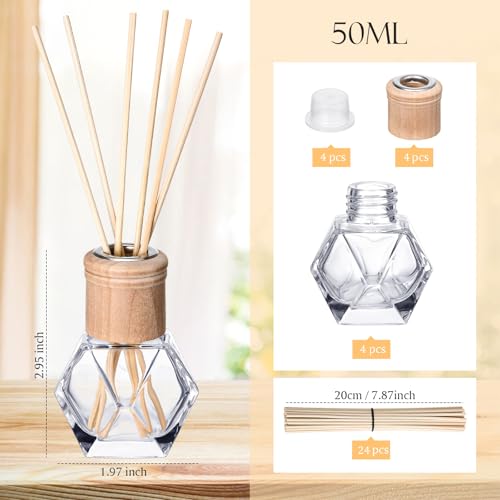 Roshtia 4 Set Reed Diffuser Bottle Empty Refillable Fragrance Glass Diffuser Bottles Set with Wooden Caps Rattan Sticks 50ml 1.7 oz Irregular Glass Jars for DIY Fragrance