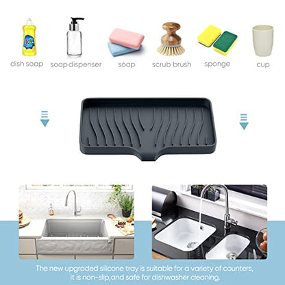 Silicone Sponge and Soap Holder, Self Draining Kitchen Caddy Sink Organizer with Soap Dispenser and Palm Brush - color: Dark Black