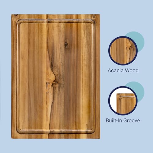happimess Eldridge Small 14" x 10" Acacia Cutting Board, Natural | Handcrafted, 1 Inch Thick, Reversible Design, Juice Grooves, Authentic Wood Grain, Rectangular, Farmhouse Style - color: Natural, size: 14"L x 10"W