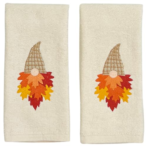 Autumn Fall Fingertip Towels for Bathroom: Embroidered Ivory Cream Off White Leaf Gnome Design, Stitched Border, 2 Piece Set, 100% Cotton, 12" x 18" - color: Leaf Gnome