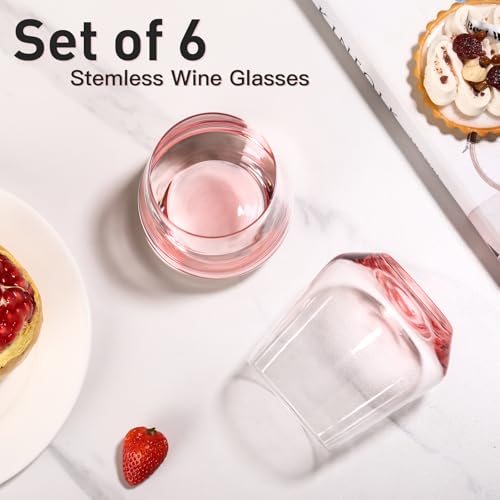 JOVGANK Pink Stemless Wine Glasses Set of 6 - Hand Blown White Red Stemless Wine Glass - 17 oz, [Lead-Free Crystal Glass] Large Short Glass Tumblers, Housewarming Gifts and Mother's Day Gift - color: Pink