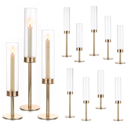 Hewory Gold Candlestick Holders: 12PCS Cylinder Glass Hurricane for Tapers | Elegant Tall Taper Candle Holders at 3 different heights, Table Centerpiece for Wedding, Party, Ralph Lauren Christmas Decor - color: Gold, size: 12pcs