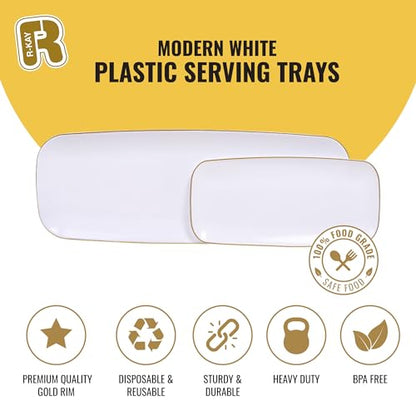 R-kay 4 Pack Gold Rim Plastic Serving Trays - 10 by 5.5 in Heavy Duty Rectangular Platters for Food and Desserts - Premium White Party Trays - color: White And Gold, size: 10 Inch