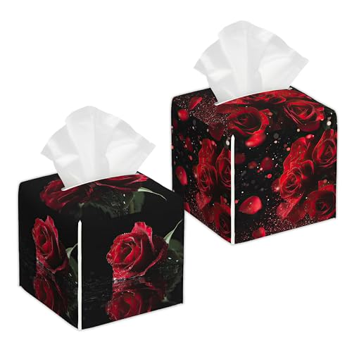 2 Pcs Tissue Box Cover Square Leather Tissue Case Holder Facial Paper Organizer Decorative for Bathroom Kitchen Car Office Home Decor (Rose Flowers Valentines Day) - color: Rose Flowers