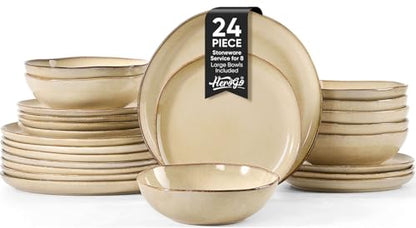 Herogo Dinnerware Sets for 8, 24pcs Stoneware Dinner Dish Set, Irregular Handmade Plates and Bowls Dishware, Crack and Scratch Resistant, Microwave & Dishwasher Safe, Cream Khaki - color: Cream Khaki, size: 8 Set (24pcs)