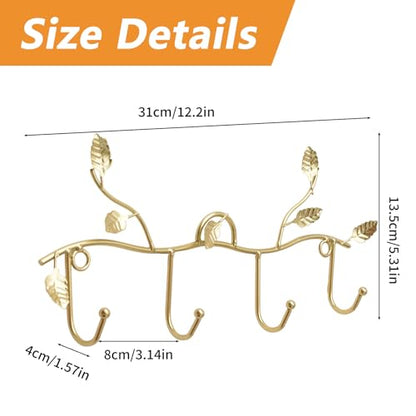 MOROBOR Gold Leaf Coat Rack Wall Mount Hooks, 2 Pack Iron Hooks with 4 Hooks Key Hangers for Wall Decor, No Drill Required