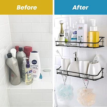 KESOL Adhesive Shower Caddy, Shower Shelf Organizer, SUS304, 2 Pack, Black | Bathroom Organization with Hooks, Stainless Steel shower shelves - color: Black