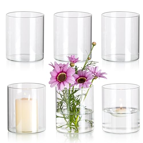 Glasseam Cylinder Vases for Centerpieces, 6Pcs Clear Glass Vase for Flowers | Hurricane Pillar, Floating Candle Holder, Modern, Small Home Decorations, Table Centerpieces, Wedding, Party, 4In - size: 4In