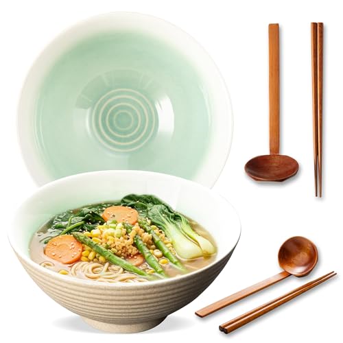 8 Inch Ceramic Ramen Bowl Set of 2, 40oz Japanese Bowls with Spoons & Chopsticks,Durable,Microwave & Dishwasher Safe,Perfect for Ramen,Pho,Salad,Soup,Noodles，Mixing bowls（Cyan Sea） - color: Cyan Sea