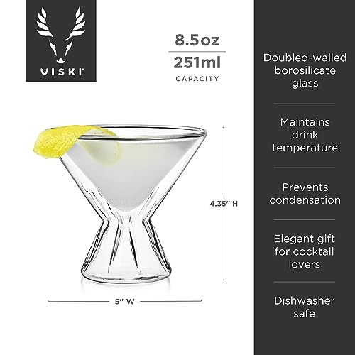 Viski Double Walled Cocktail Glasses - Insulated Martini Glasses with Cut Crystal Design - Dishwasher Safe Borosilicate Glass 8.5oz Set of 2 - style: Double-Walled Martini Glasses