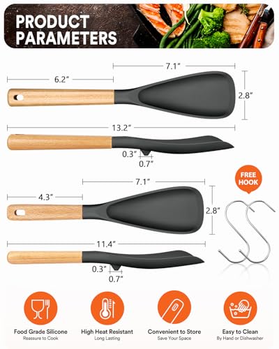Multifunction Spoon for Nonstick Cookwares, Great for Cooking and Serving, Sturdy BPA-Free Matte Silicone, Wood Handle Spoonula for Mixing, Scoop, and Scrape, Grey(2 pack,11.4" & 13.4") - color: Gray