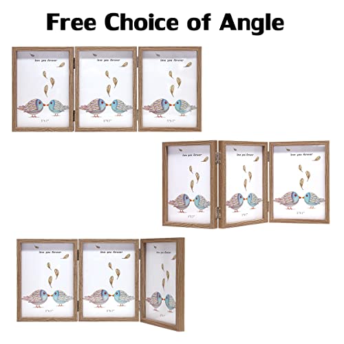 WUTL 3 Picture Frame Triple Collage 5x7 Frames with Real Glass Wood Grain | Trifold Photo Frame, Hinged Foldable, Crystal Clear Real Glass - color: Wood Grain, size: 5x7