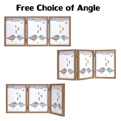 WUTL 3 Picture Frame Triple Collage 5x7 Frames with Real Glass Wood Grain | Trifold Photo Frame, Hinged Foldable, Crystal Clear Real Glass - color: Wood Grain, size: 5x7
